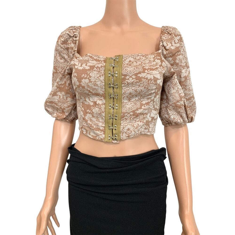 new Fanco Ellie medium floral puff sleeve corset crop top blouse TB2 3399